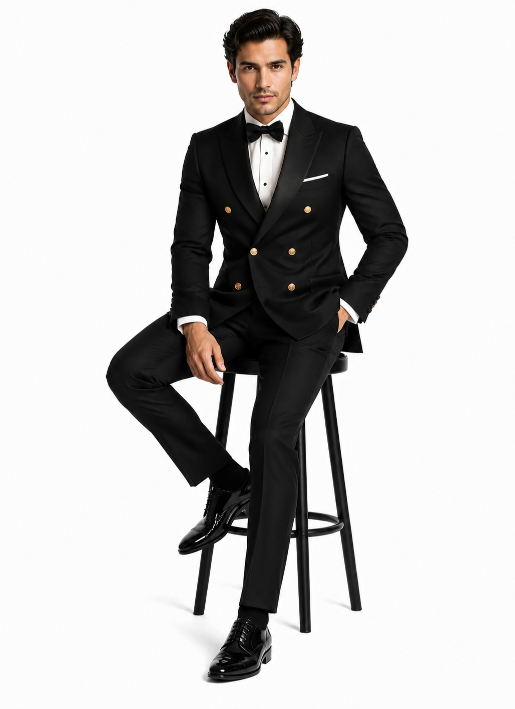 Men’s Double-Breasted Black Tuxedo with Gold Buttons