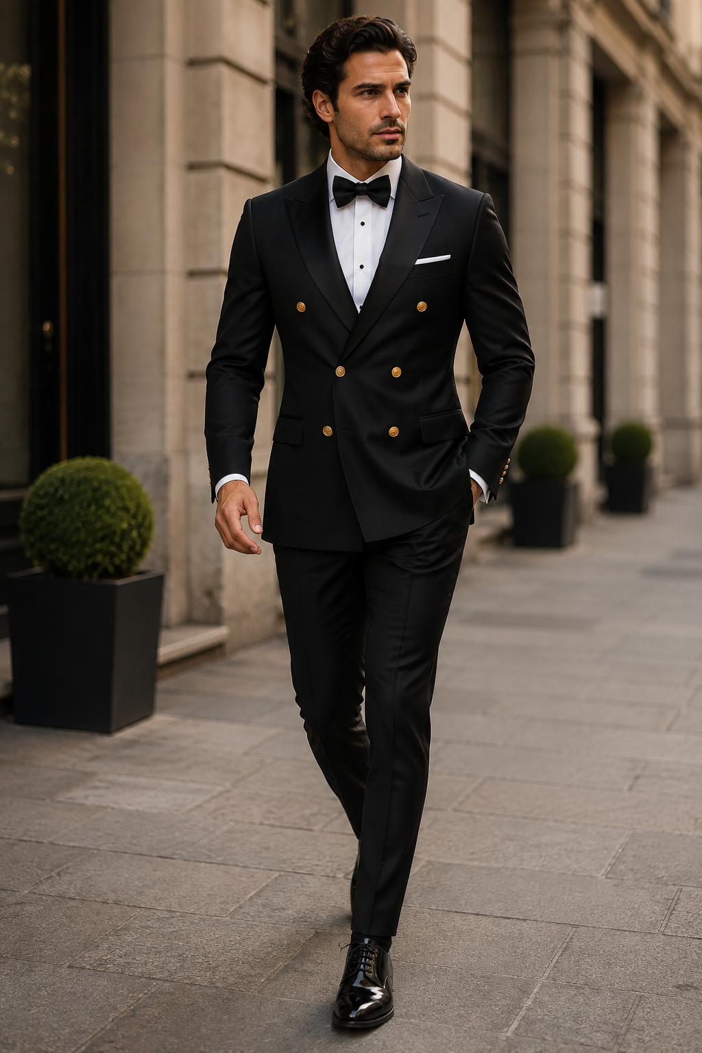 Men’s Double-Breasted Black Tuxedo with Gold Buttons