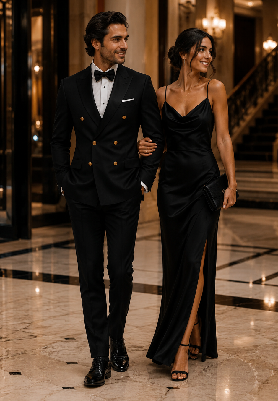 Men’s Double-Breasted Black Tuxedo with Gold Buttons