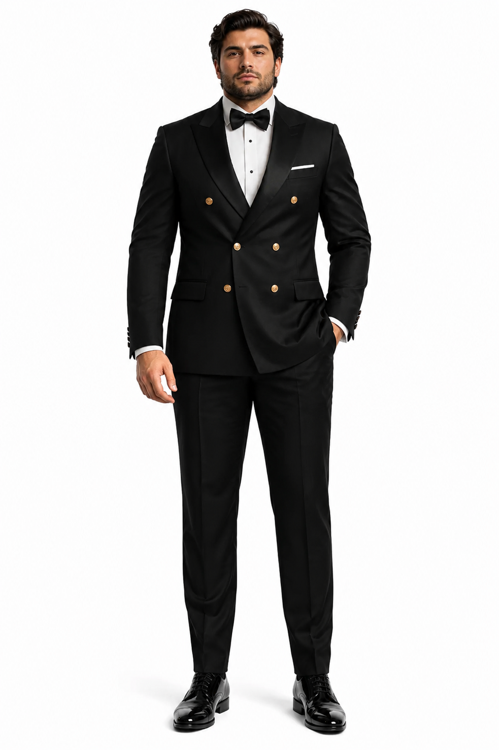 Men’s Double-Breasted Black Tuxedo with Gold Buttons