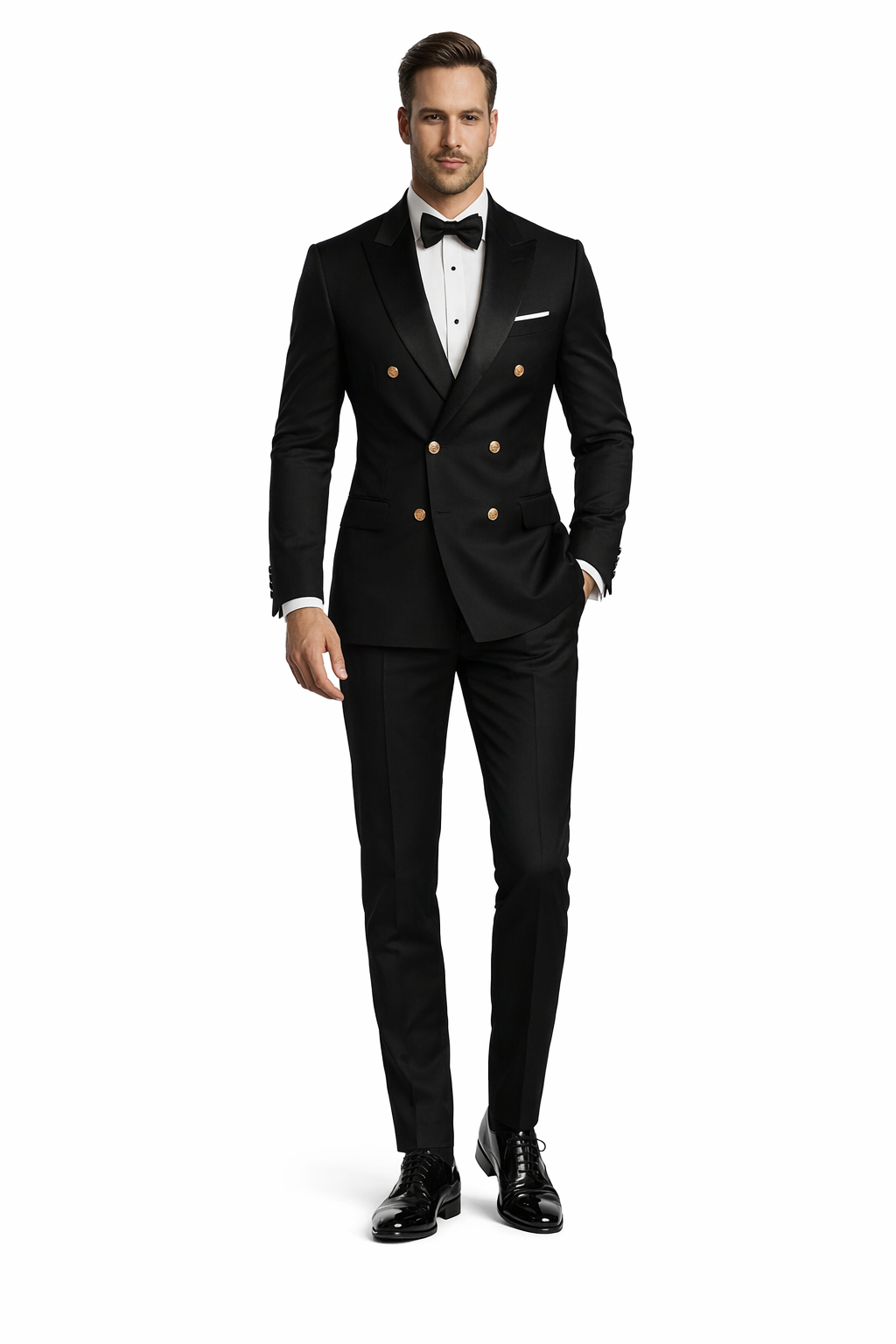 Men’s Double-Breasted Black Tuxedo with Gold Buttons