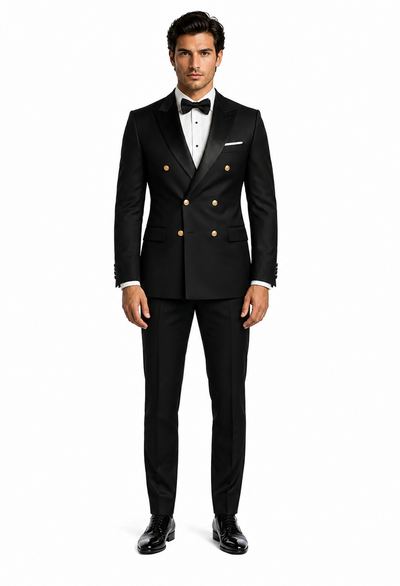 Men’s Double-Breasted Black Tuxedo with Gold Buttons
