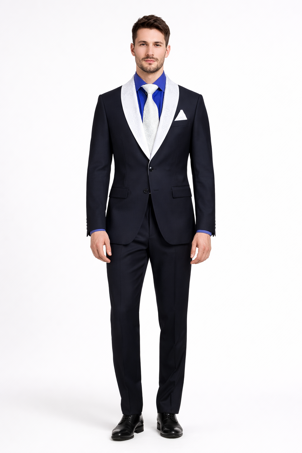 Modern Fit Men’s Black Wedding Blazer with White & Blue Shawl Lapel