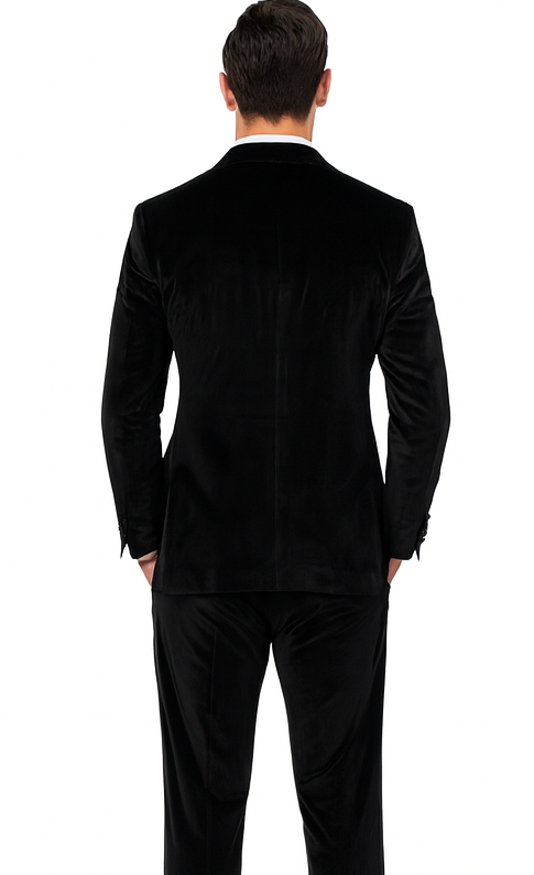 Tazzio Men’s Velvet Suit in Black – Slim Fit Peak Lapel 2-Piece Event Outfit