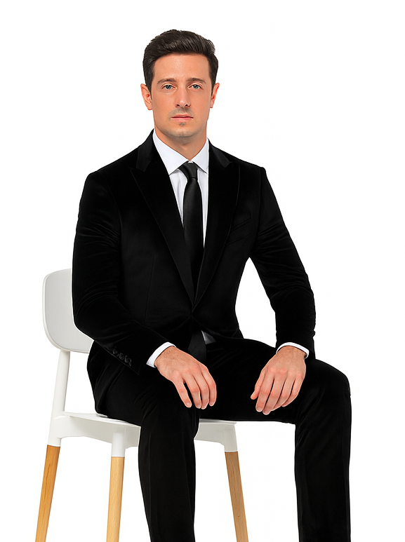 Tazzio Men’s Velvet Suit in Black – Slim Fit Peak Lapel 2-Piece Event Outfit
