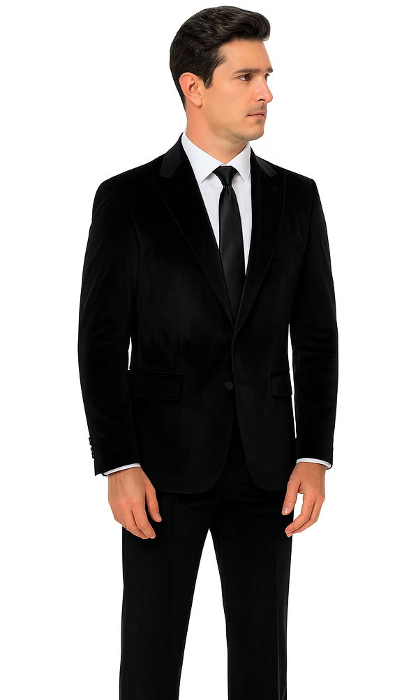 Tazzio Men’s Velvet Suit in Black – Slim Fit Peak Lapel 2-Piece Event Outfit