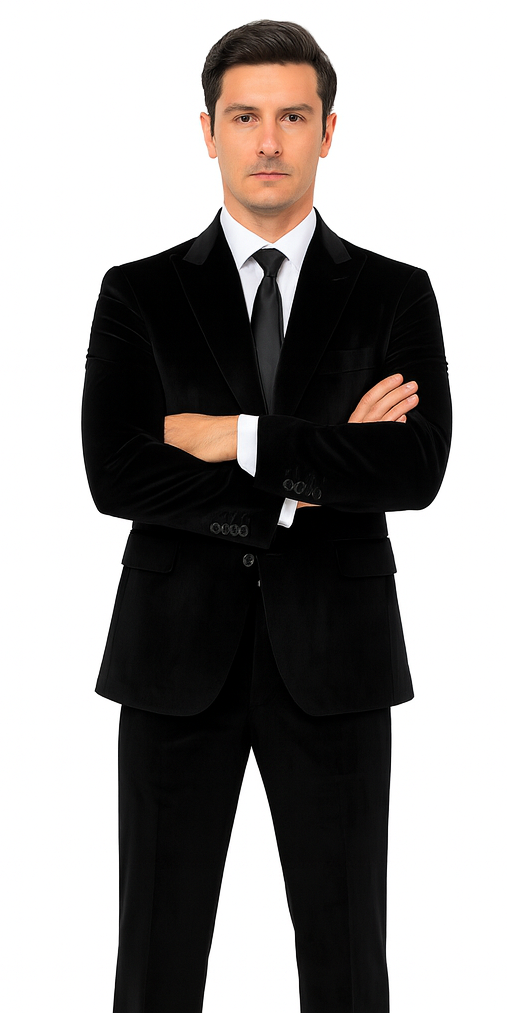 Tazzio Men’s Velvet Suit in Black – Slim Fit Peak Lapel 2-Piece Event Outfit