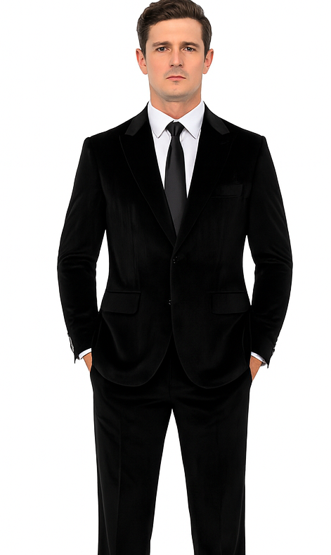 Tazzio Men’s Velvet Suit in Black – Slim Fit Peak Lapel 2-Piece Event Outfit