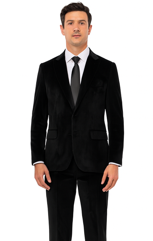 Tazzio Men’s Velvet Suit in Black – Slim Fit Peak Lapel 2-Piece Event Outfit