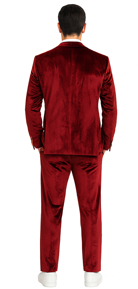 Burgundy Velvet Skinny Fit Peak Lapel Suit by Tazzio