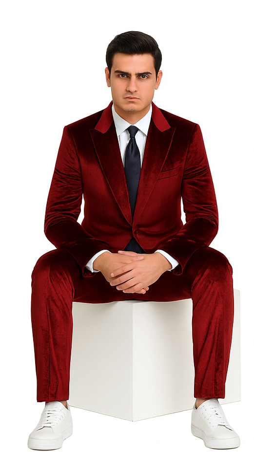 Tazzio Men’s Formal Burgundy Velvet Suit – Peak Lapel Slim Fit 2-Piece Outfit