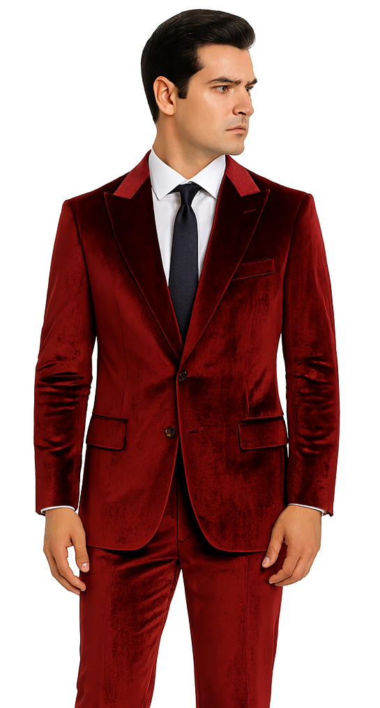 Tazzio Men’s Formal Burgundy Velvet Suit – Peak Lapel Slim Fit 2-Piece Outfit