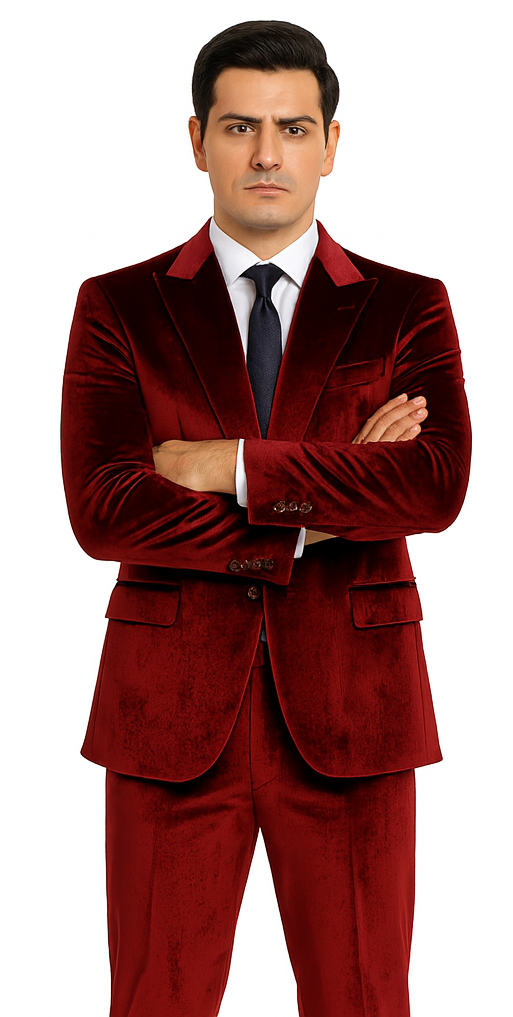 Tazzio Men’s Formal Burgundy Velvet Suit – Peak Lapel Slim Fit 2-Piece Outfit