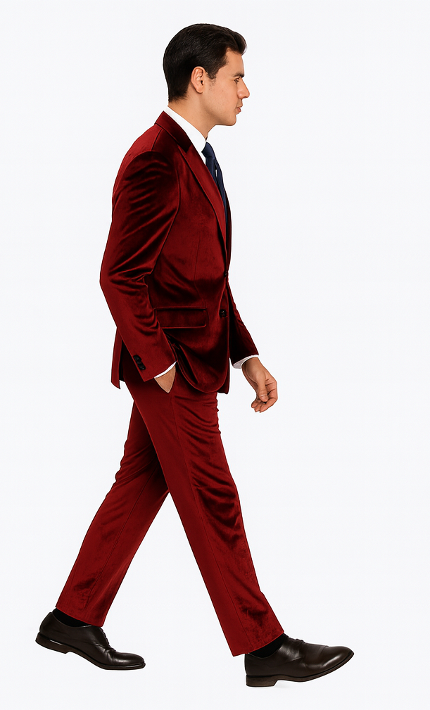 Tazzio Men’s Formal Burgundy Velvet Suit – Peak Lapel Slim Fit 2-Piece Outfit