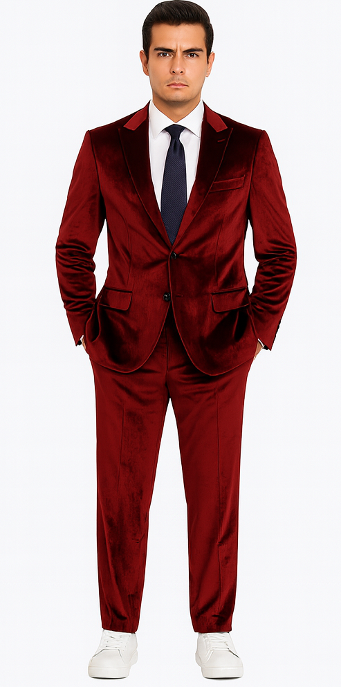 Tazzio Men’s Formal Burgundy Velvet Suit – Peak Lapel Slim Fit 2-Piece Outfit
