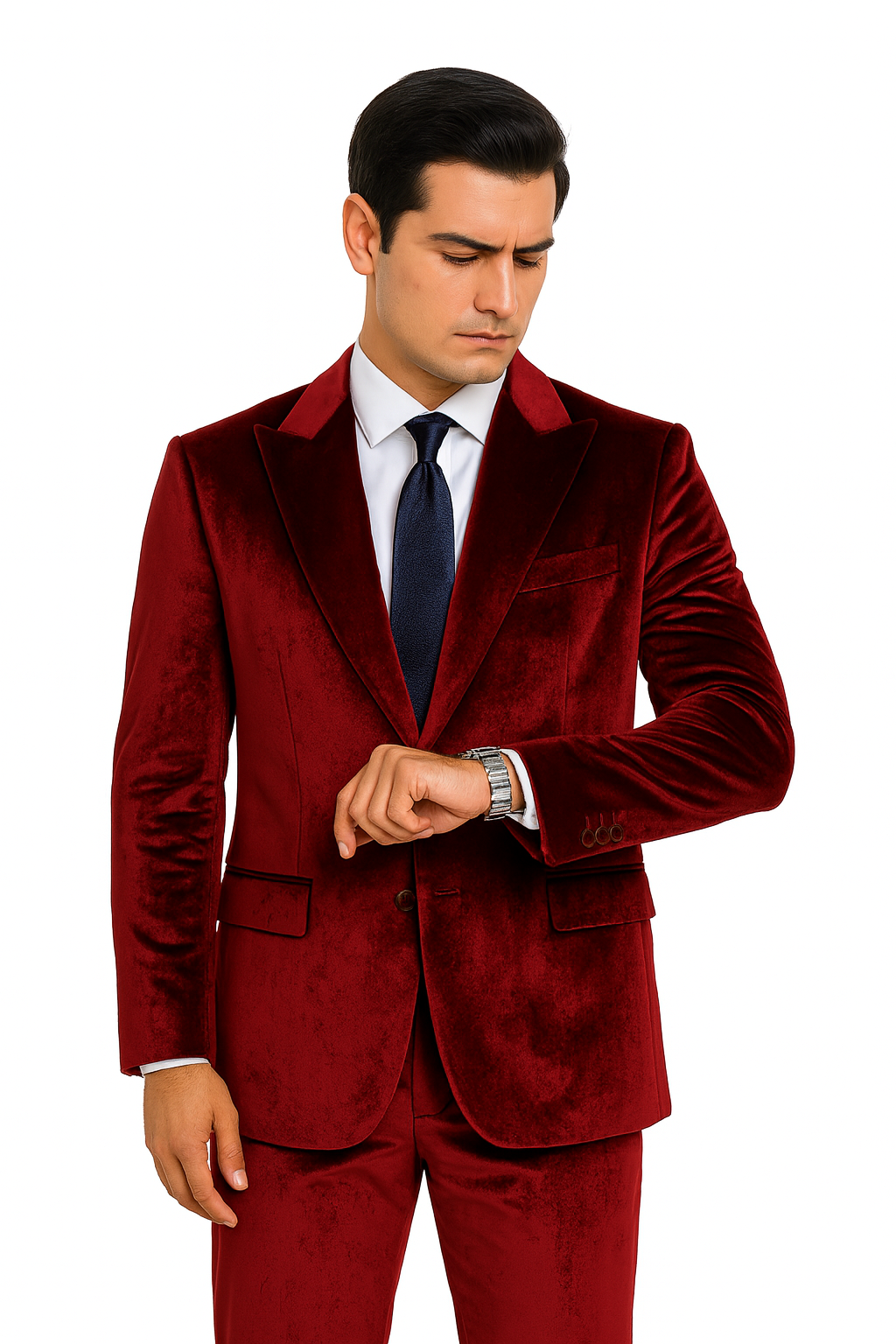 Tazzio Men’s Formal Burgundy Velvet Suit – Peak Lapel Slim Fit 2-Piece Outfit
