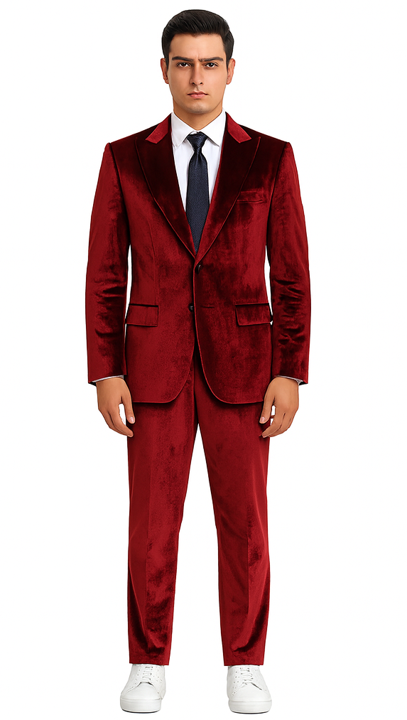 Tazzio Men’s Formal Burgundy Velvet Suit – Peak Lapel Slim Fit 2-Piece Outfit