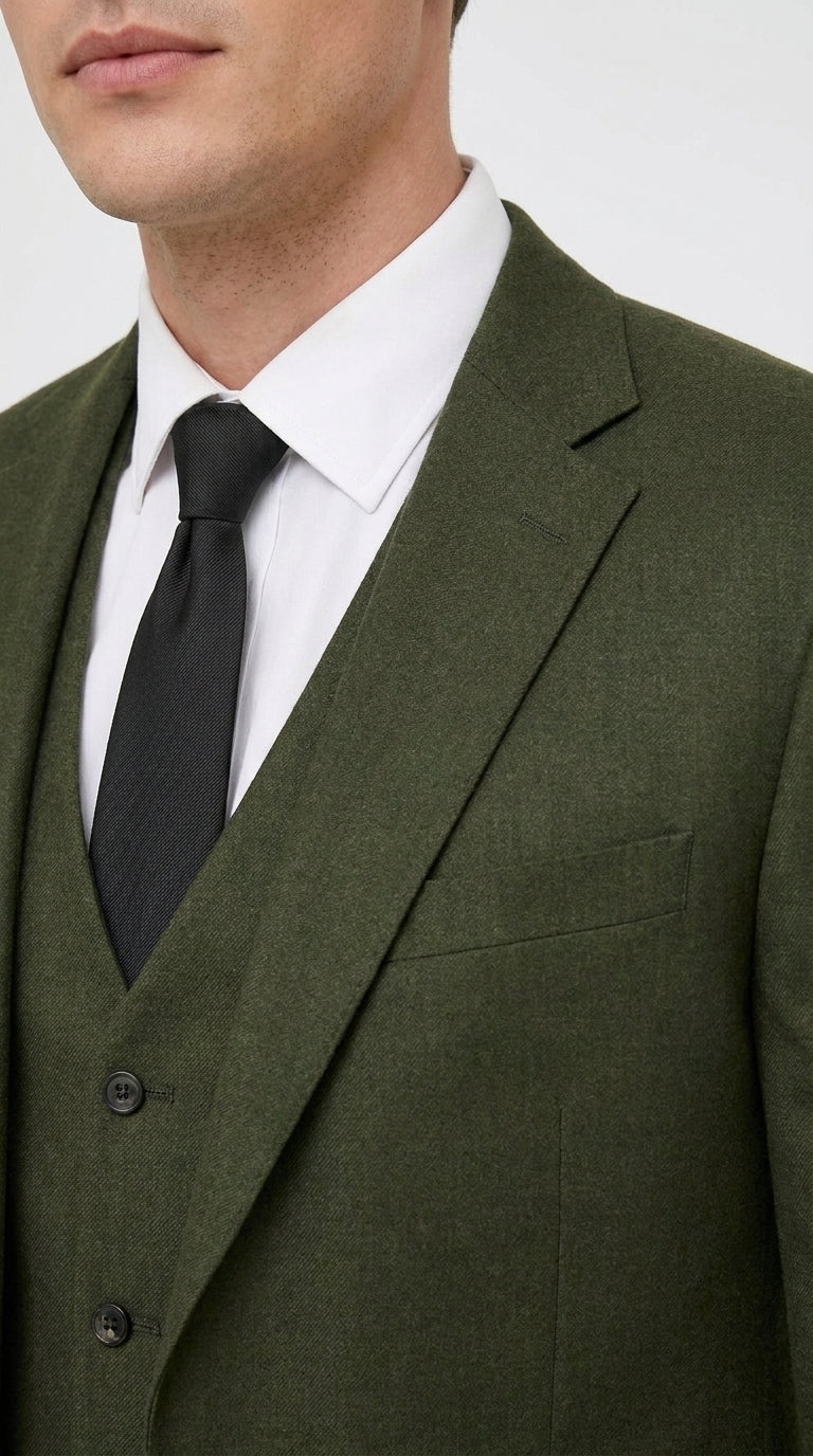 Mens Military Green 3-Piece Suit – Slim Fit Wedding, Business & Formal Suit with Vested Set