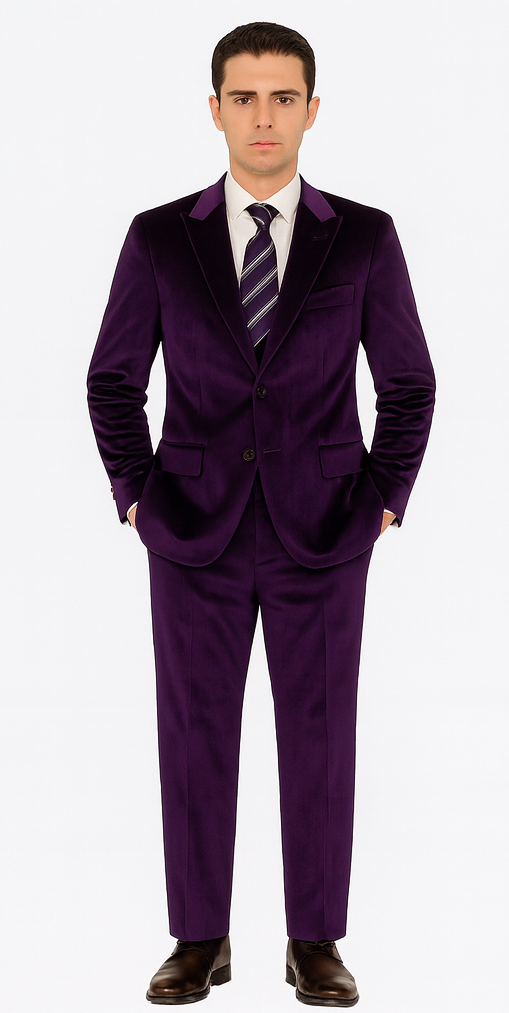 Purple Velvet Peak Lapel Skinny Fit Suit by Tazzio