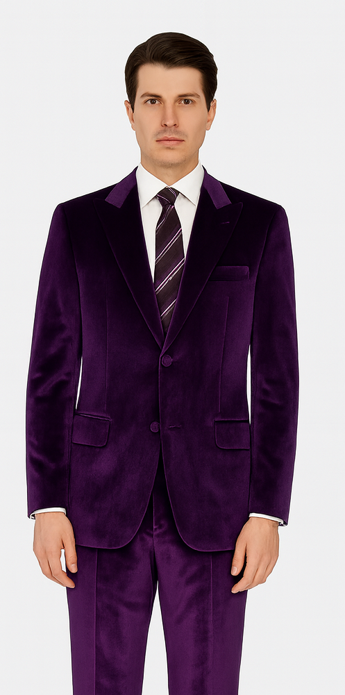Purple Velvet Peak Lapel Skinny Fit Suit by Tazzio