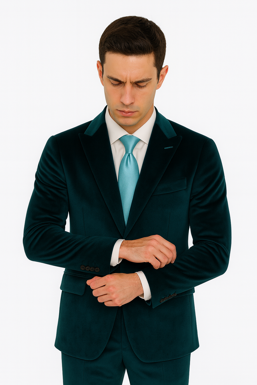 Tazzio Men’s Teal Velvet 2-Piece Suit – Slim Fit Peak Lapel Tuxedo Style