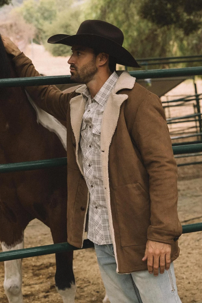 Mens Western Cowboy Long Coat β Brown Faux Suede Frontier Style Jacket