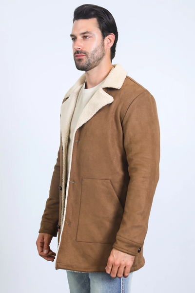 Mens Western Cowboy Long Coat β Brown Faux Suede Frontier Style Jacket