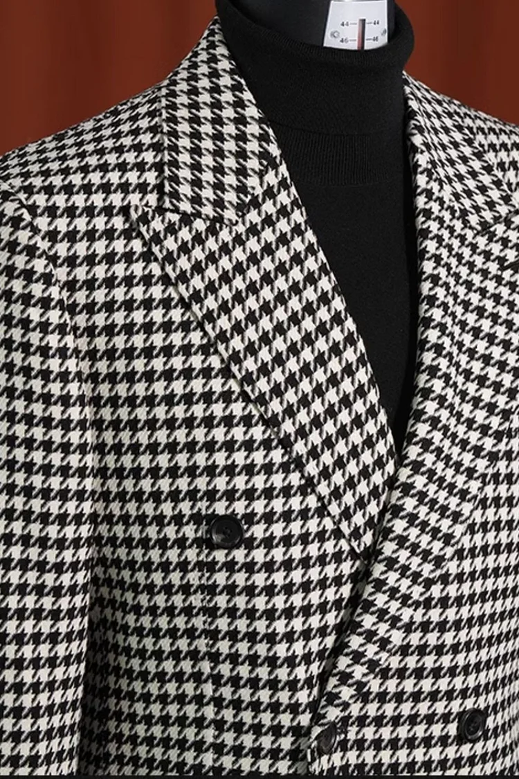 Classic Men’s Houndstooth Blazer – Black & White Wool Modern Fit