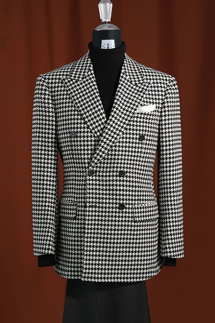Classic Men’s Houndstooth Blazer – Black & White Wool Modern Fit