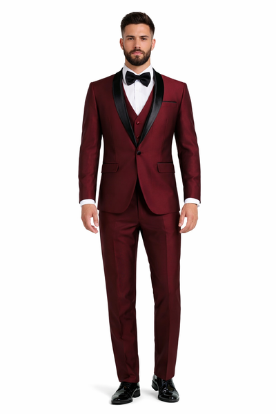 Burgundy Sharkskin Shawl Lapel Vested Tuxedo