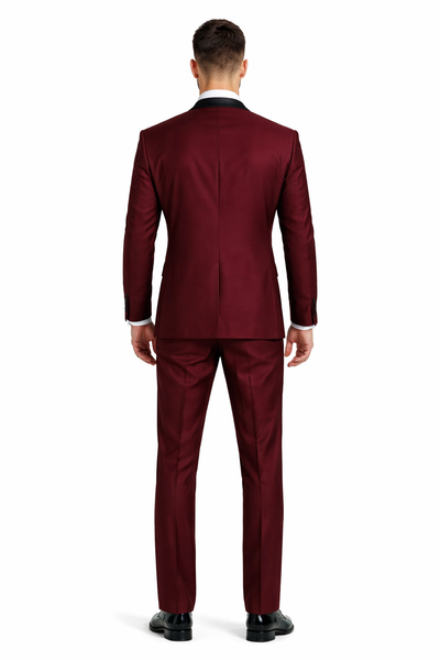 Burgundy Sharkskin Shawl Lapel Vested Tuxedo