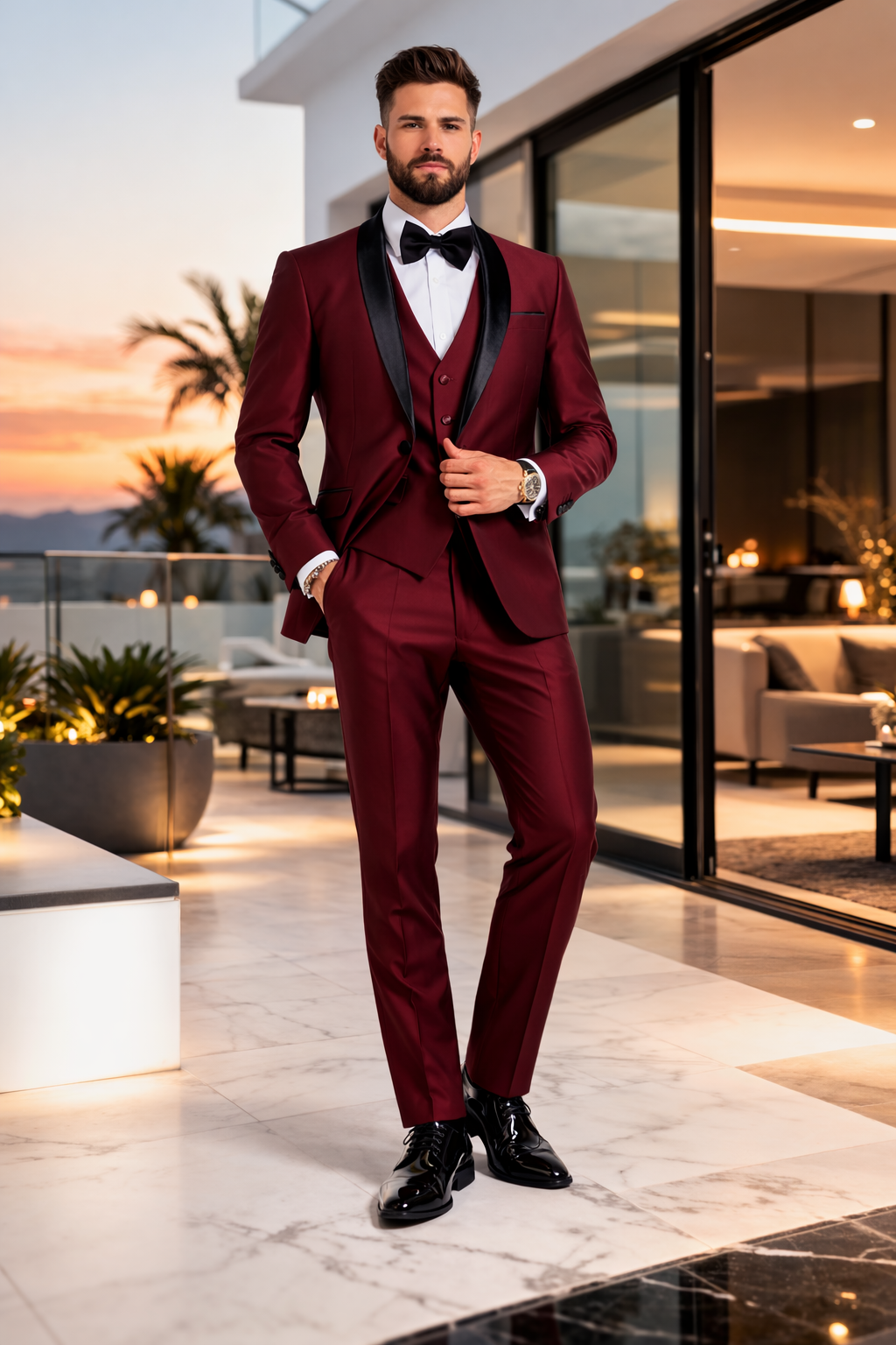 Burgundy Sharkskin Shawl Lapel Vested Tuxedo