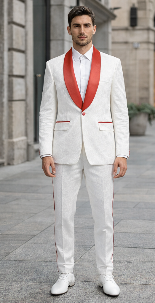 Mens 1 Button Shawl Lapel White And Hot Red Wedding / Prom Outfit Tuxedo Suit + White Pants & White Vest