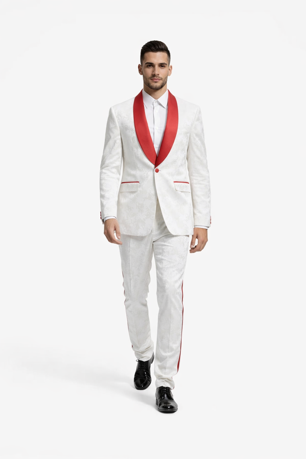 Mens 1 Button Shawl Lapel White And Hot Red Wedding / Prom Outfit Tuxedo Suit + White Pants & White Vest
