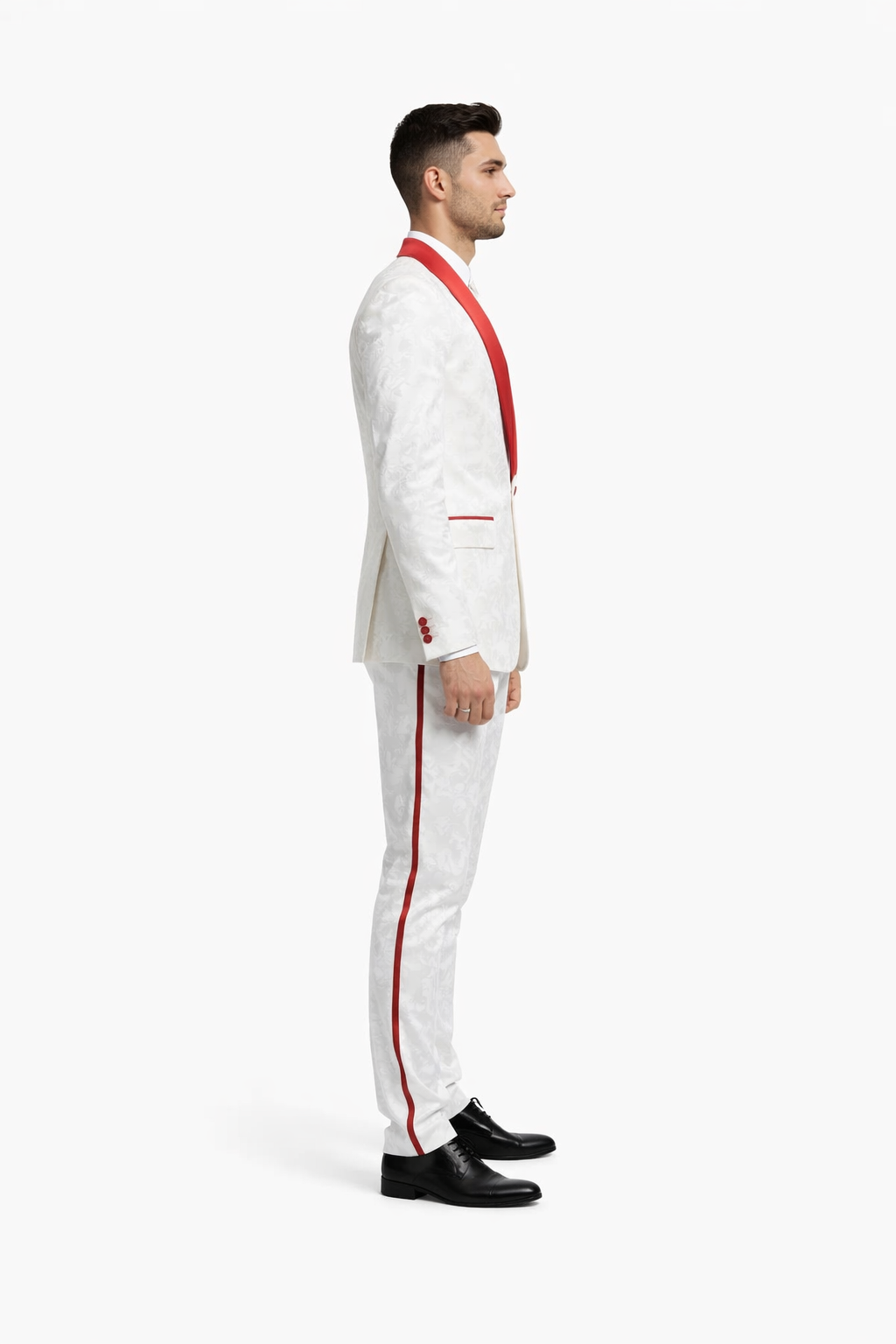 Mens 1 Button Shawl Lapel White And Hot Red Wedding / Prom Outfit Tuxedo Suit + White Pants & White Vest