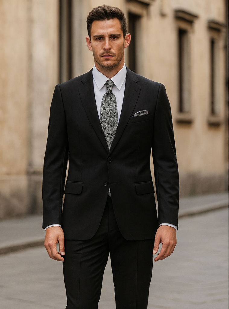Mens Black 2 Button Linen Suit with Elbow Patches