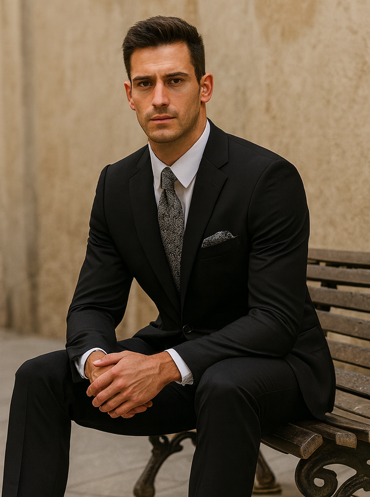 Mens Black 2 Button Linen Suit with Elbow Patches
