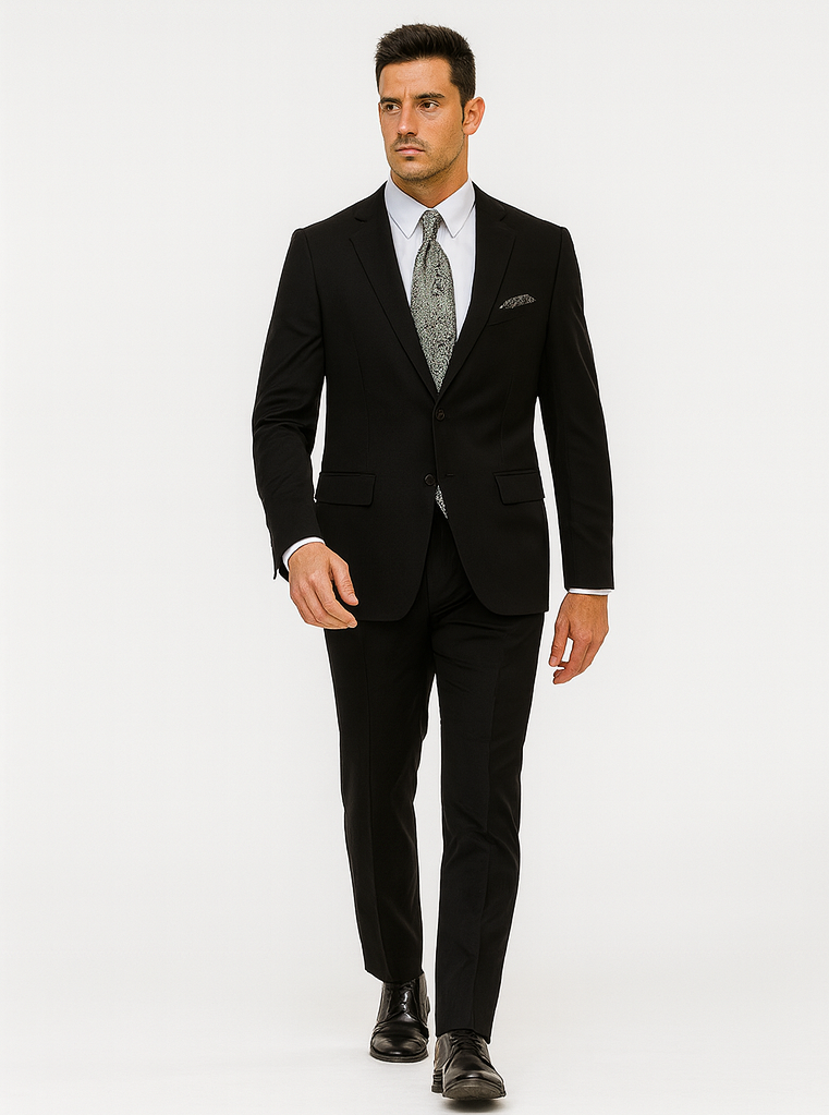 Mens Black 2 Button Linen Suit with Elbow Patches