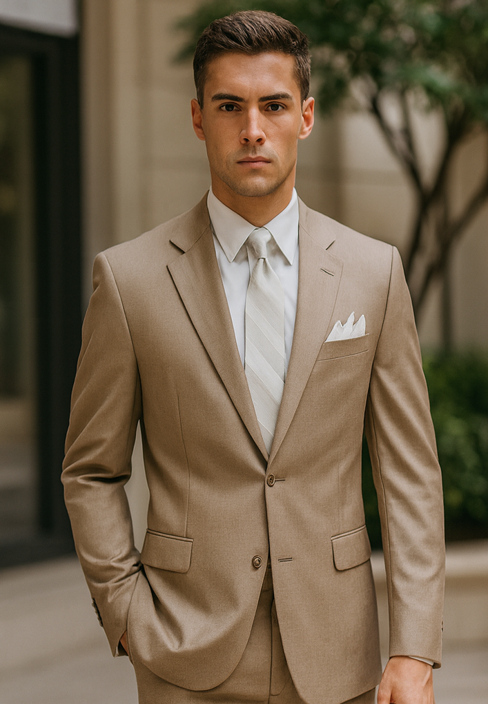 Mens 2 Button Classic Fit Pleated Pant Suit in Khaki