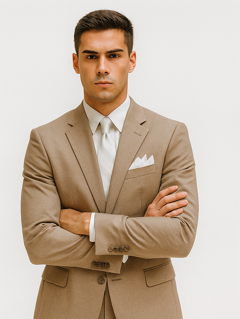 Mens 2 Button Classic Fit Pleated Pant Suit in Khaki