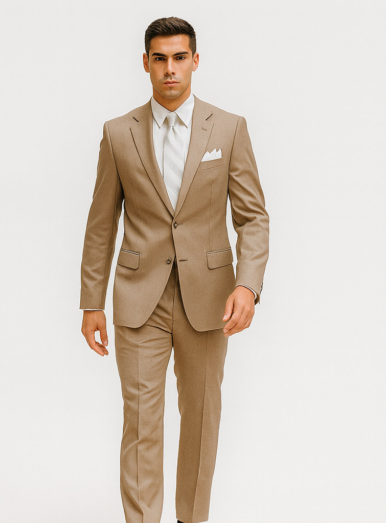 Mens 2 Button Classic Fit Pleated Pant Suit in Khaki