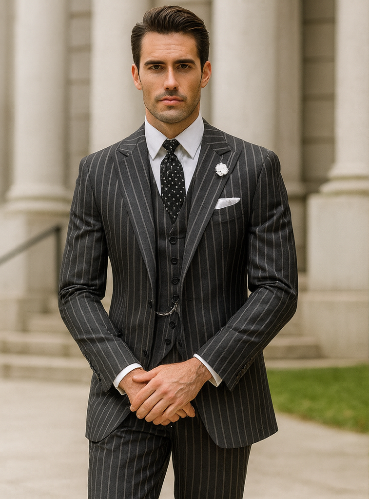 Men's Gangster Pinstripe 2-Button Suit, Black & White