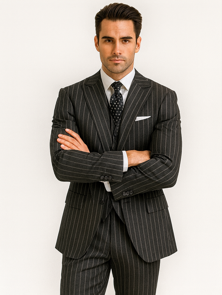 Men's Gangster Pinstripe 2-Button Suit, Black & White