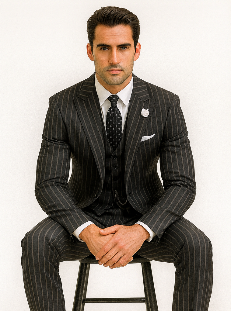 Men's Gangster Pinstripe 2-Button Suit, Black & White