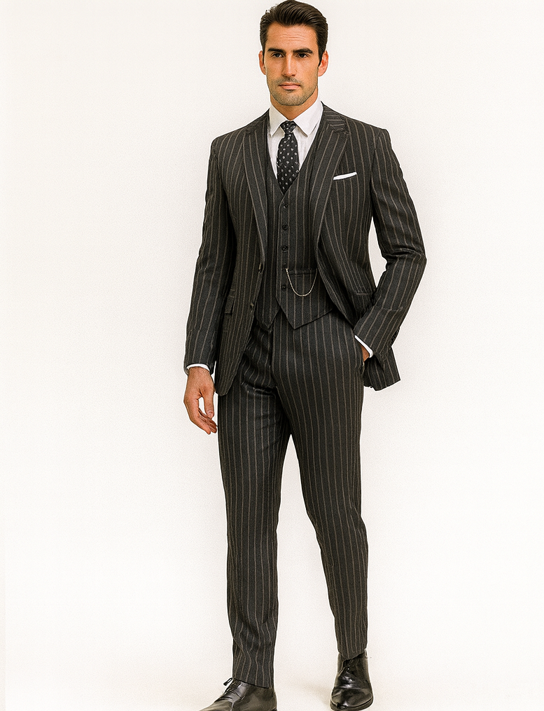 Men's Gangster Pinstripe 2-Button Suit, Black & White