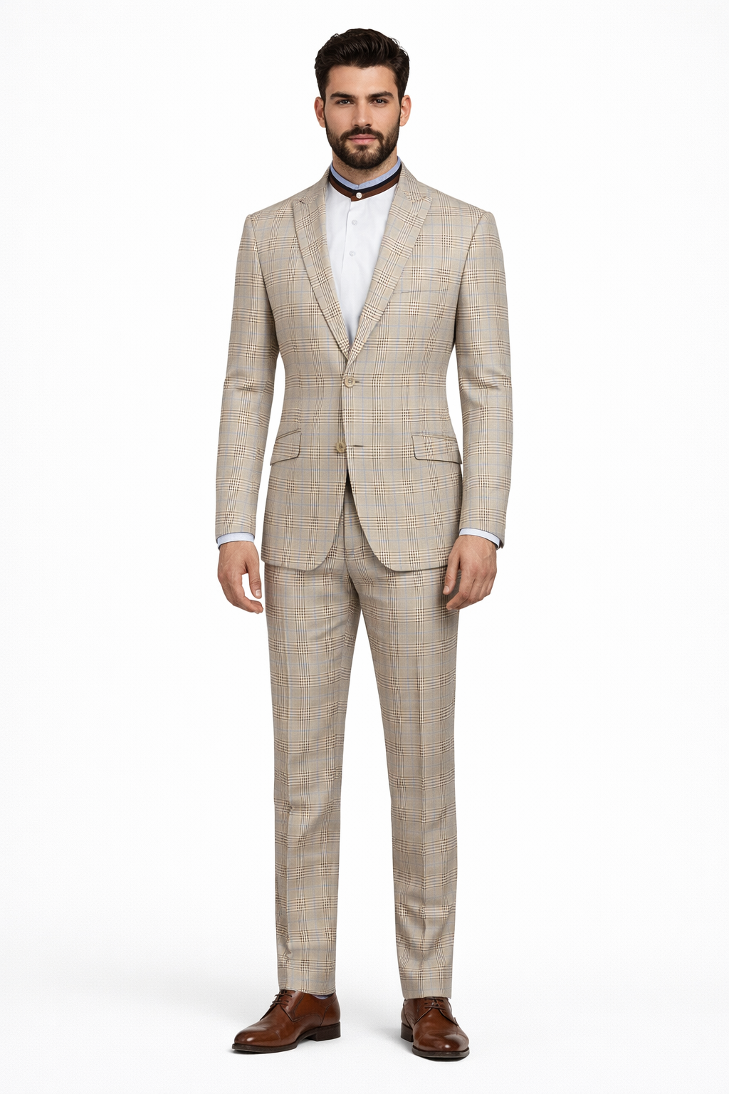 2 Button Modern Fit Plaid Suit - Tan