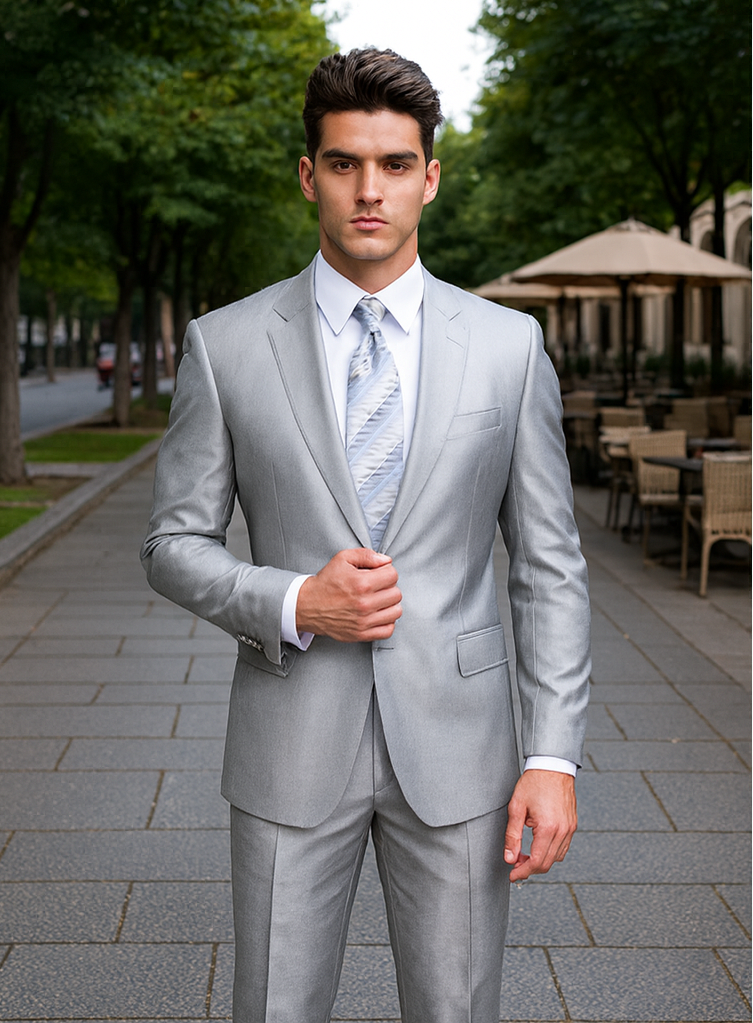 2-Button Peak Lapel Sharkskin Suit in Silver