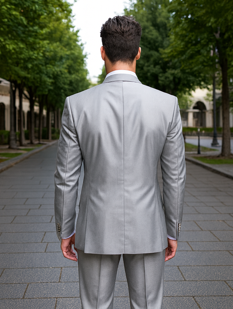 2-Button Peak Lapel Sharkskin Suit in Silver