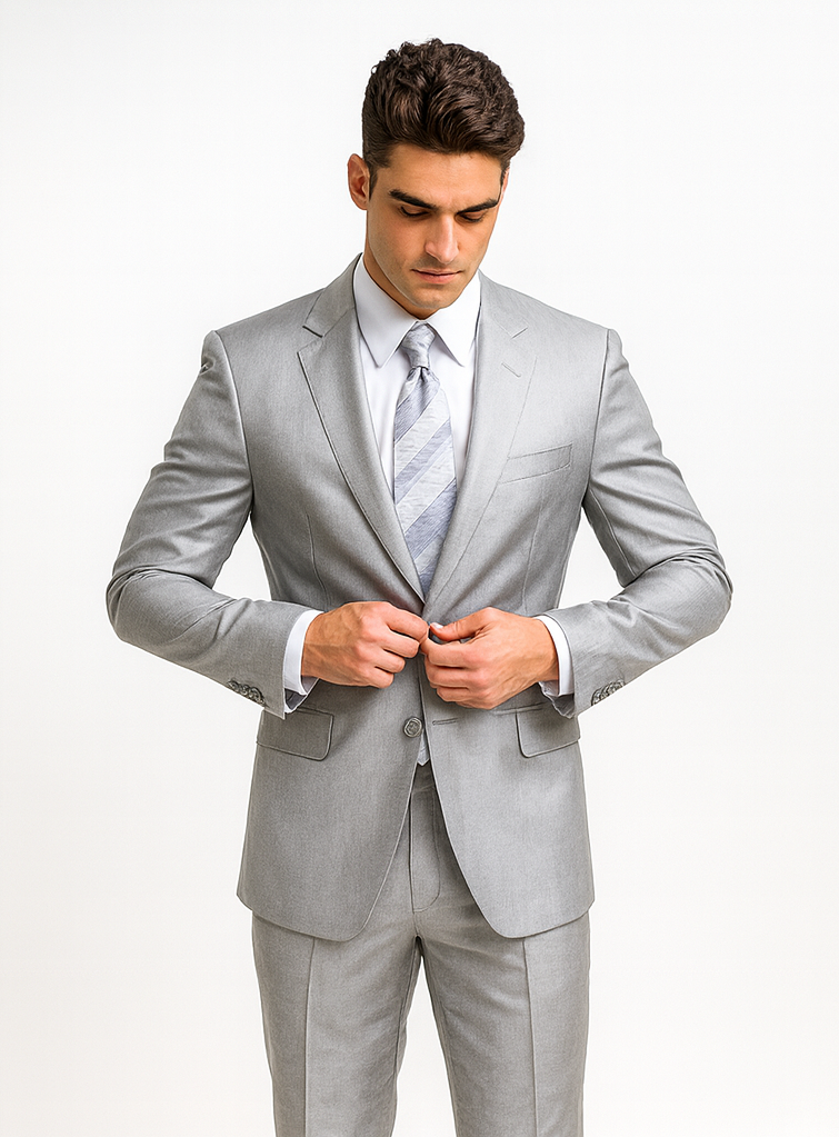 2-Button Peak Lapel Sharkskin Suit in Silver