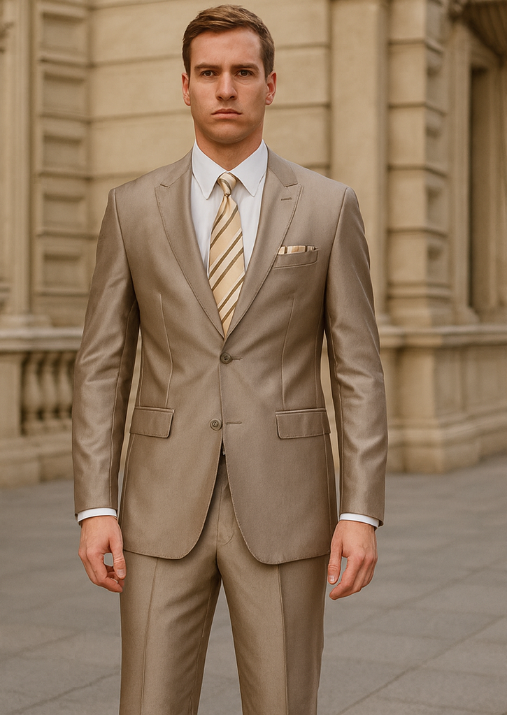 Tan 2 Button Peak Lapel Sharkskin Suit for Men